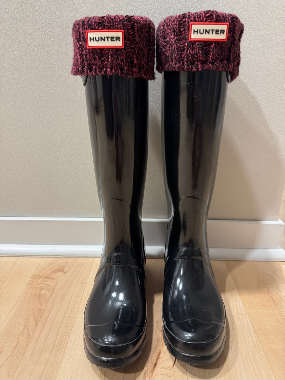 Hunter Black Tall Rain Boots with Maroon Knit Cuffs